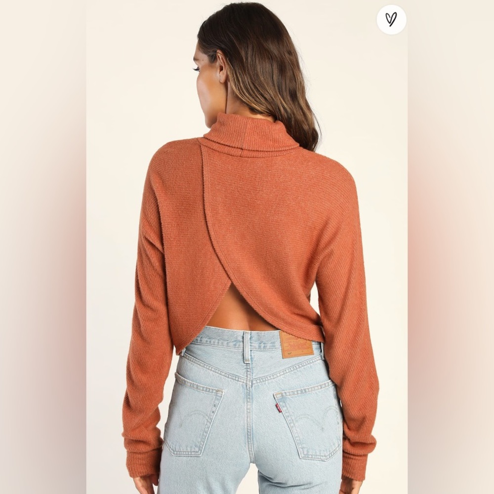 Lulu’s Rust Orange Ribbed Turtleneck Cross Back Top - Picture 2 of 5